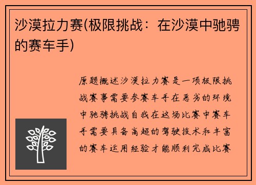 沙漠拉力赛(极限挑战：在沙漠中驰骋的赛车手)